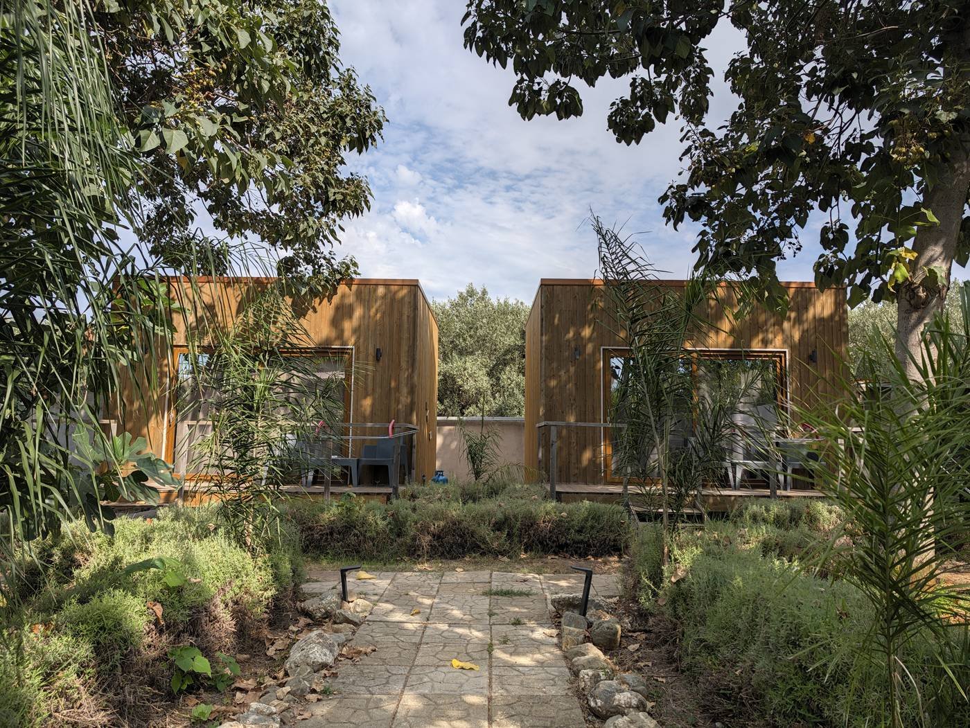 I due bungalow Cubo House visti dal vialetto del giardino, fra gli alberi e le piante
